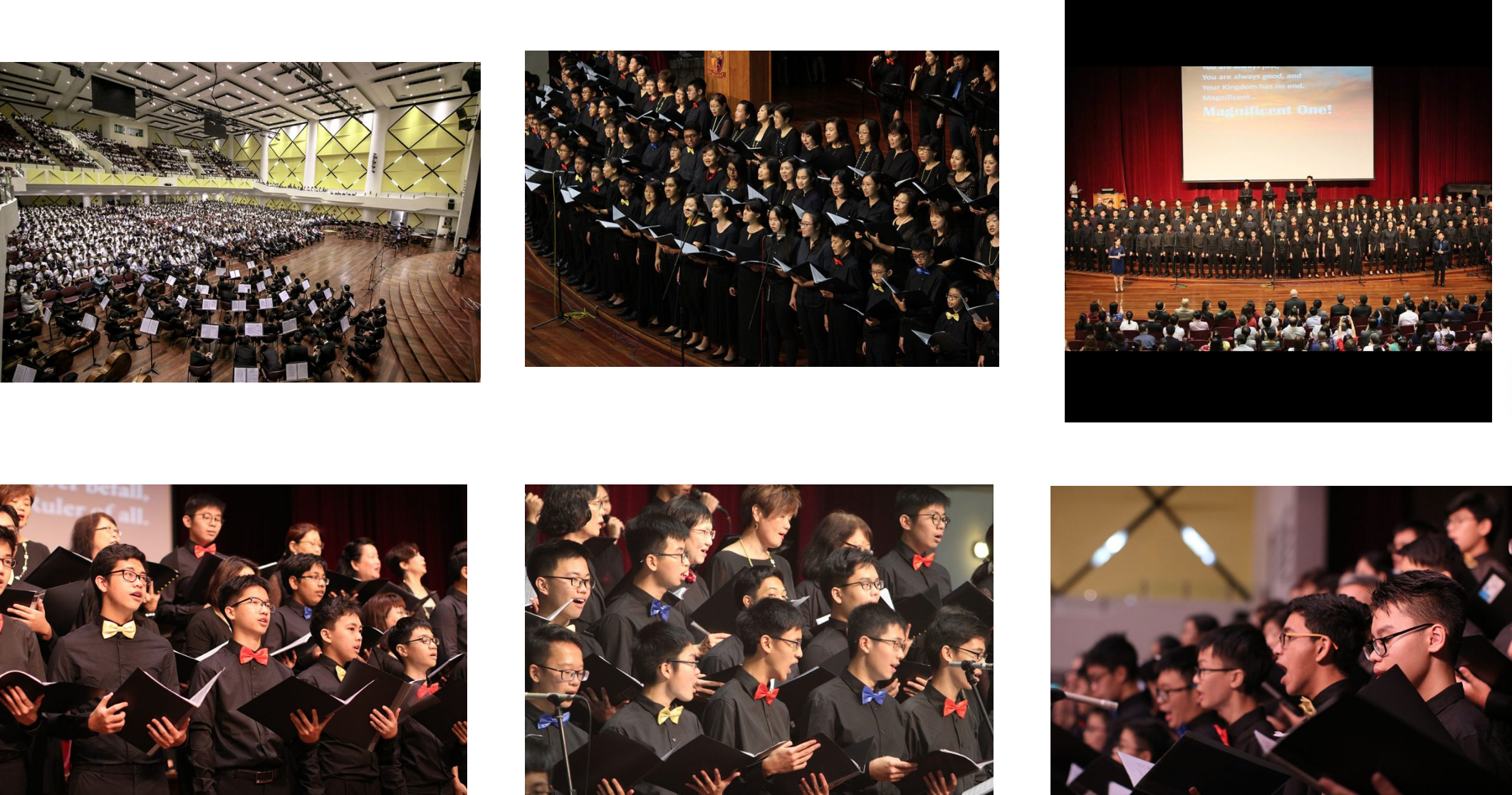Six photos of large choirs in black attire singing on stage, holding sheet music, with colorful bow ties.